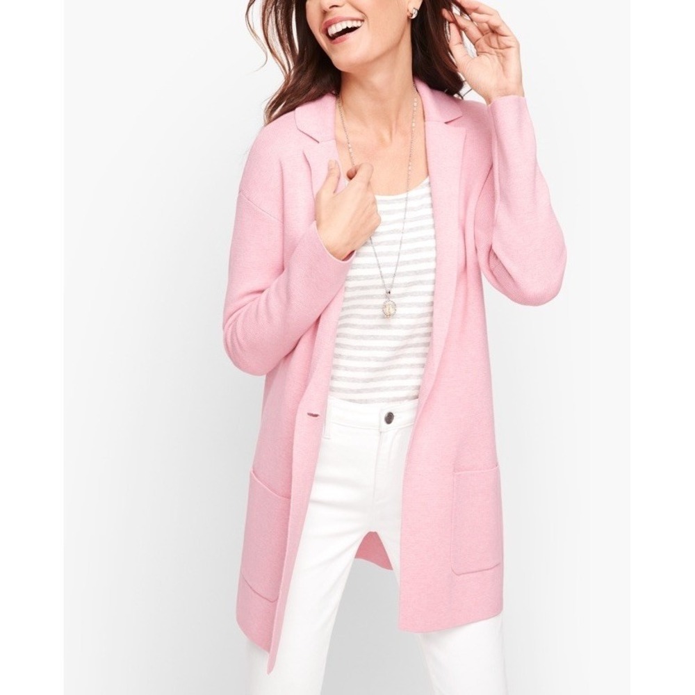 Talbots Light Blush Pink Patch Pocket Knit Sweater Blazer 1 Button Women Sz M